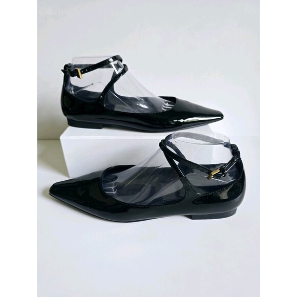 Massimo Dutti Patent Leather Black Ballet Flats Buckle Strappy Pointed Toe 39 8 - Picture 14 of 14